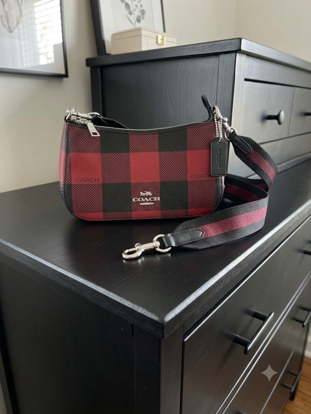 Coach Red and Black Buffalo Plaid Zip Shoulder Bag